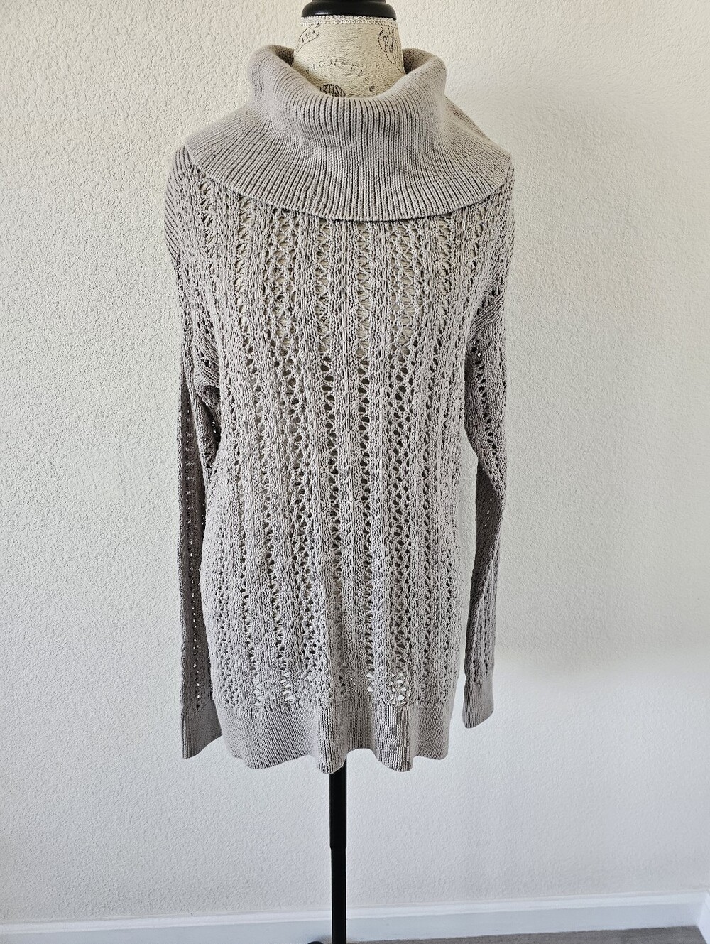 Calvin Klein Jeans Greige Cowl Neck Sweater - Pointelle Open Knit - Cotton Blend